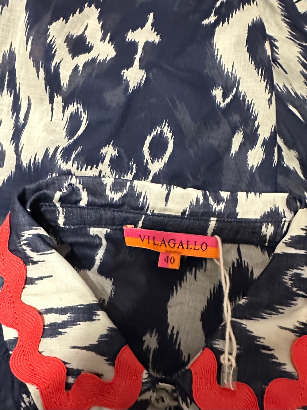 Vilagallo Navy and White Ikat Button-Down Shirt with Pink and Orange Trim - Picture 4 of 5